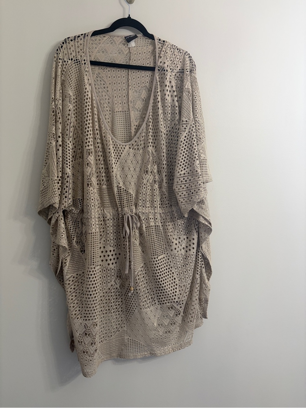 Beige Crochet Swim Cover-Up Tunic with Drawstring